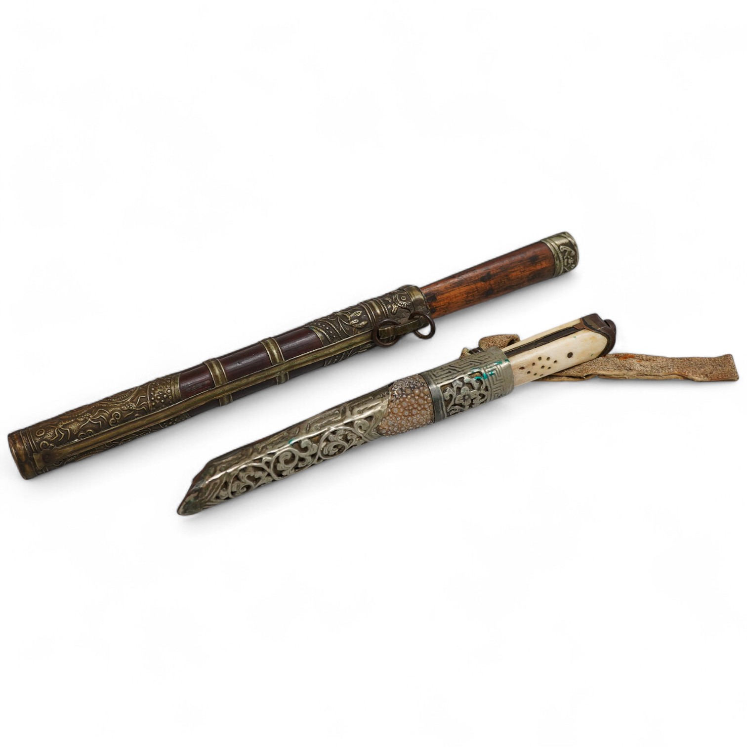 A Chinese travelling knife handle and chopstick holder, 27cm long (holder without chopsticks)